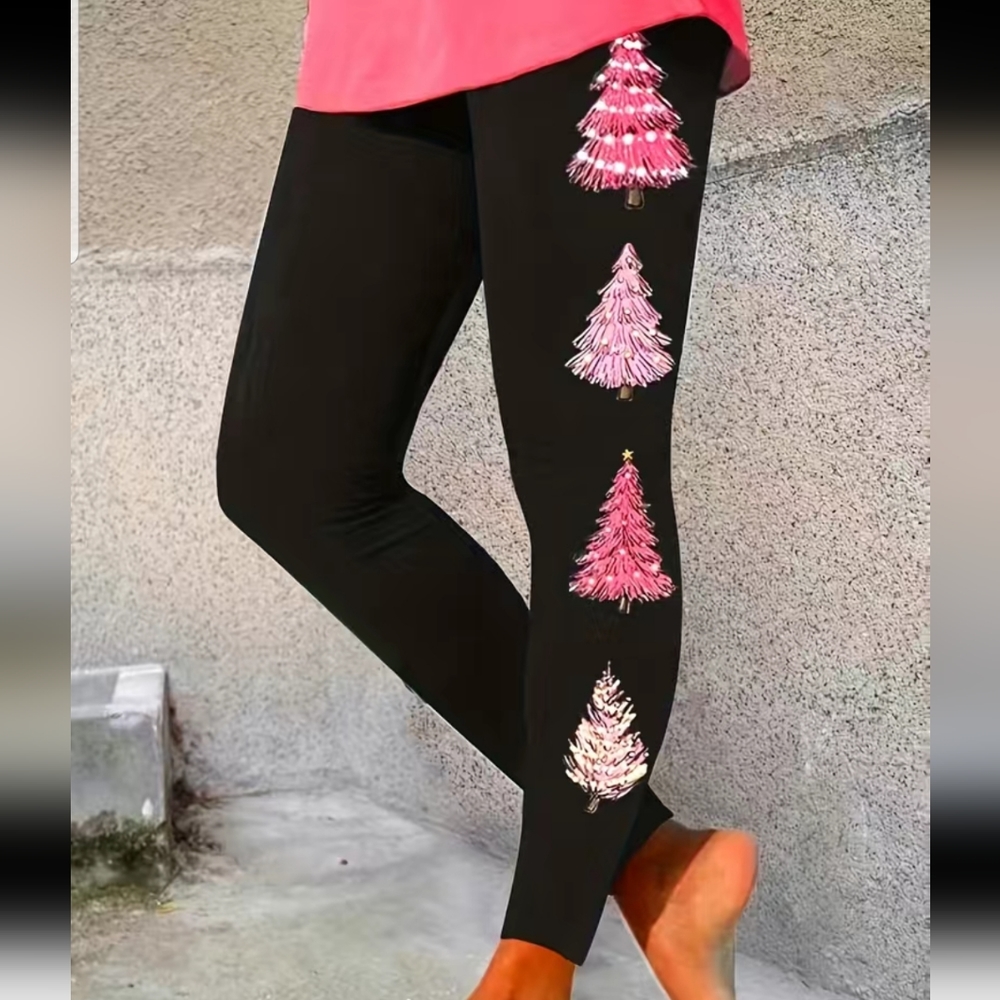 Adorable Christmas Black Leggings with Pink Tree Design - Picture 5 of 5